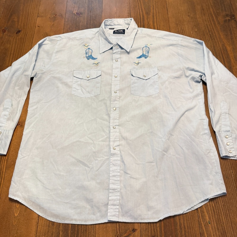 Vintage‎ BLAIR Mens Gaucho Pearl Snap Shirt Large Blue Embroidered Western Boots